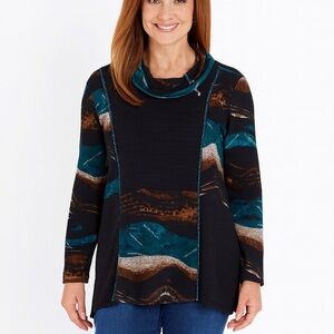 Ali Miles Sweater Women L Embroidered Colorblock Cowl Neck Oversized Tunic Art